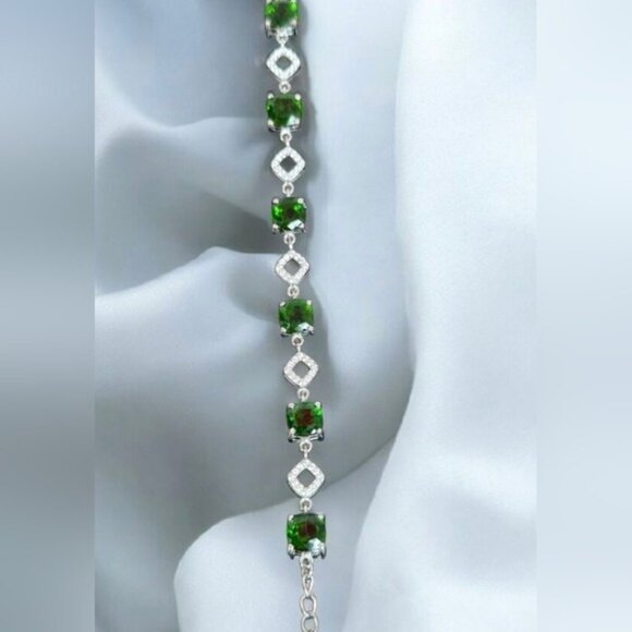 925 Sterling Slver Bracelet 7.5" with Natural Chrome Diopside Gem & Cz. - Picture 10 of 11
